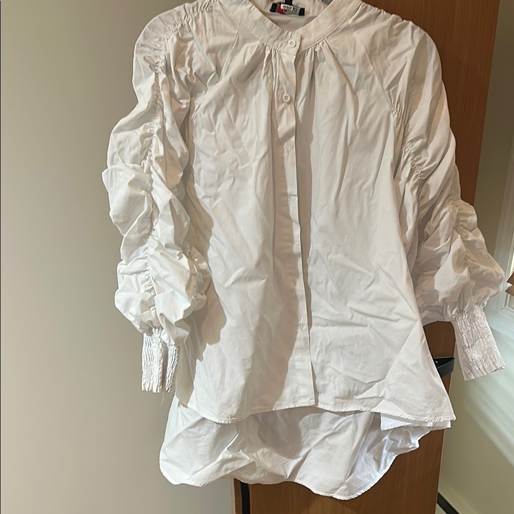 White Ruffled Puff Sleeve Blouse with Mandarin Collar